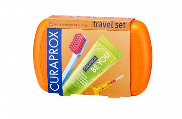 Curaprox (Курапрокс) Набор дорожный оранжевый бокс: Паста зубная туба 10мл+Щетка зубная ультрамягкая+Ершик межзубный с держателем